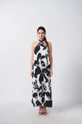 Black and White Floral Crepe Dress